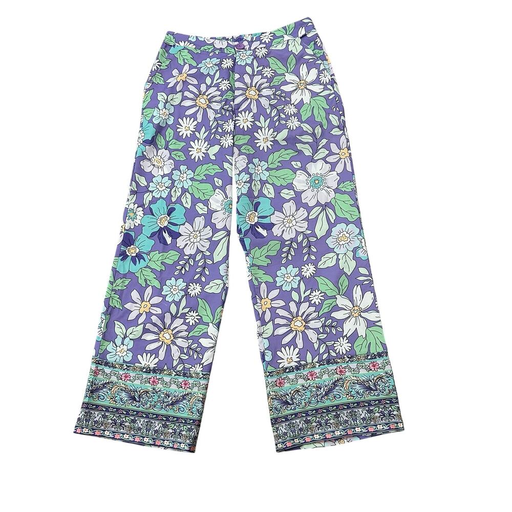 Flower Power Wide Leg Pants Medium Purple Boho Border Print Pockets -